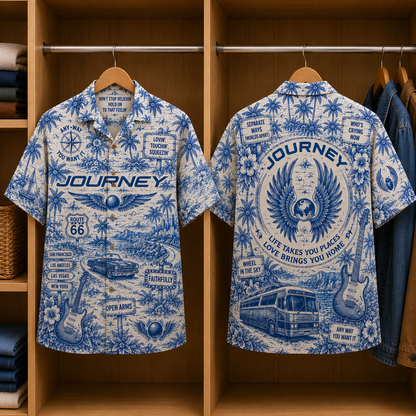 Journey Tropical Blue Hawaiian Shirt - Unisex Music Collage Button Up