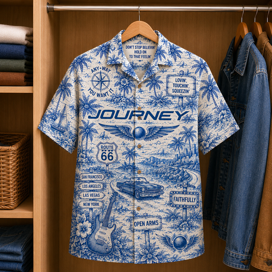 Journey Tropical Blue Hawaiian Shirt - Unisex Music Collage Button Up