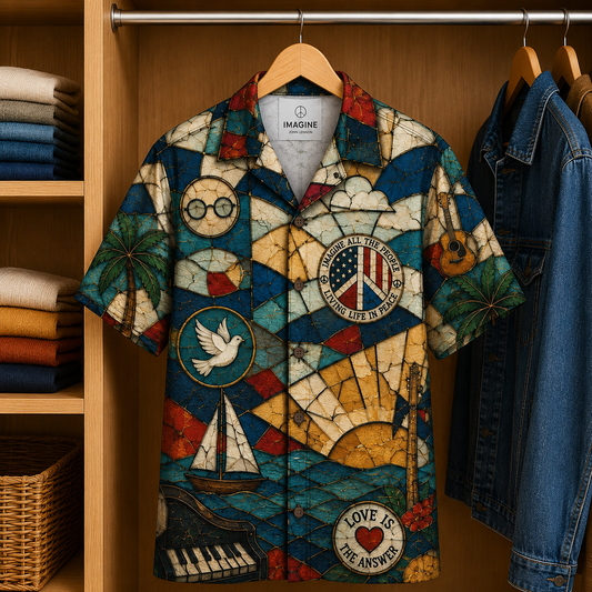 John Lenon Stained Glass Hawaiian Shirt - Unisex Music Collage Button Up