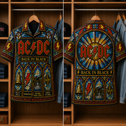 ACDC Stained Glass Hawaiian Shirt - Unisex Music Collage Button Up