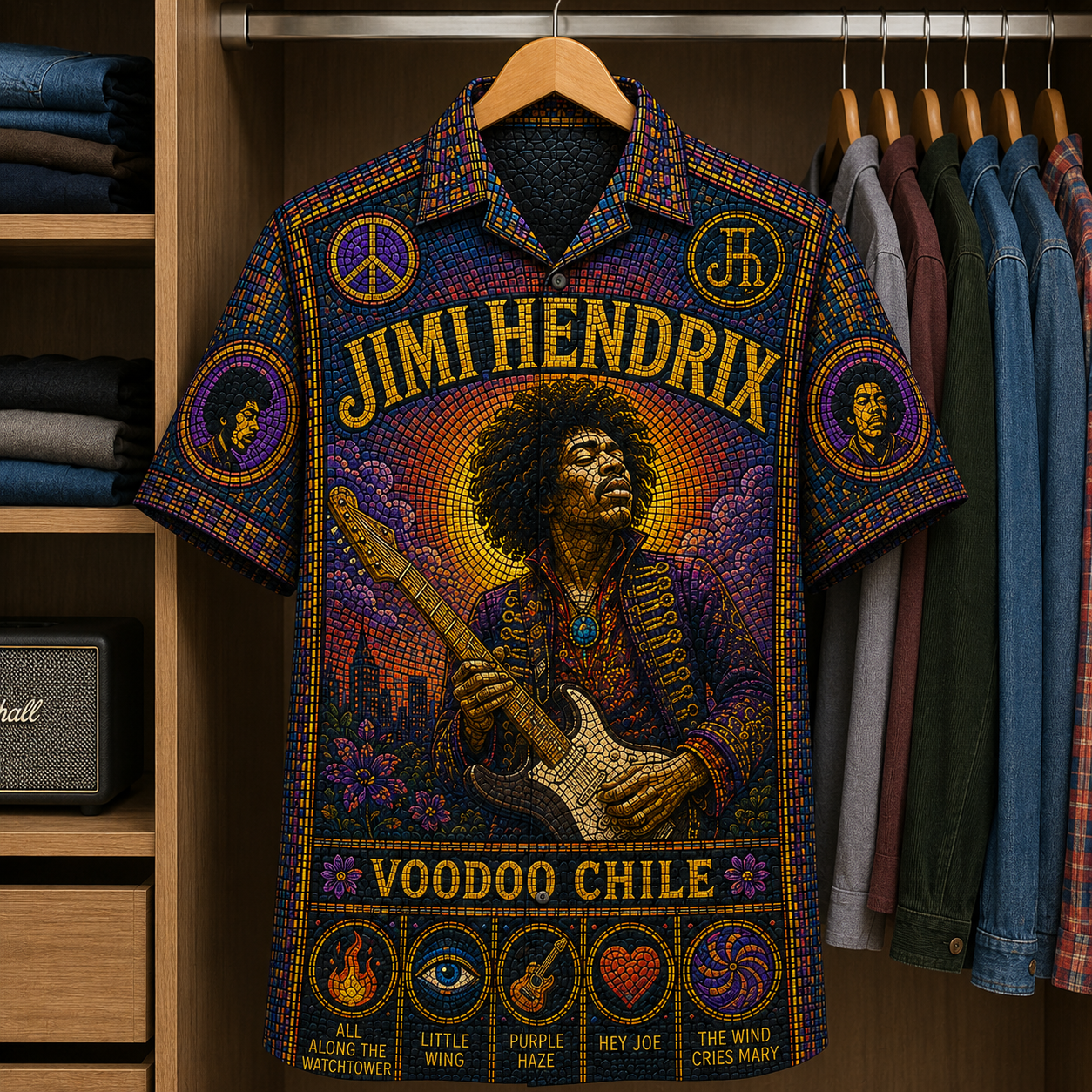 Jimi Hendrix Stained Glass Hawaiian Shirt - Unisex  Button Up