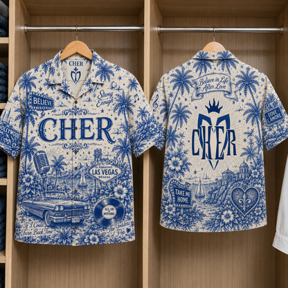 Cher Tropical Blue Hawaiian Shirt - Unisex Music Collage Button Up