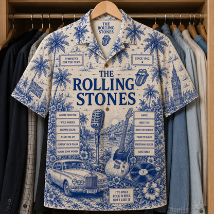 The Rolling Stone Special Edition Tropical Blue Hawaiian Shirt - Unisex Music Collage Button Up