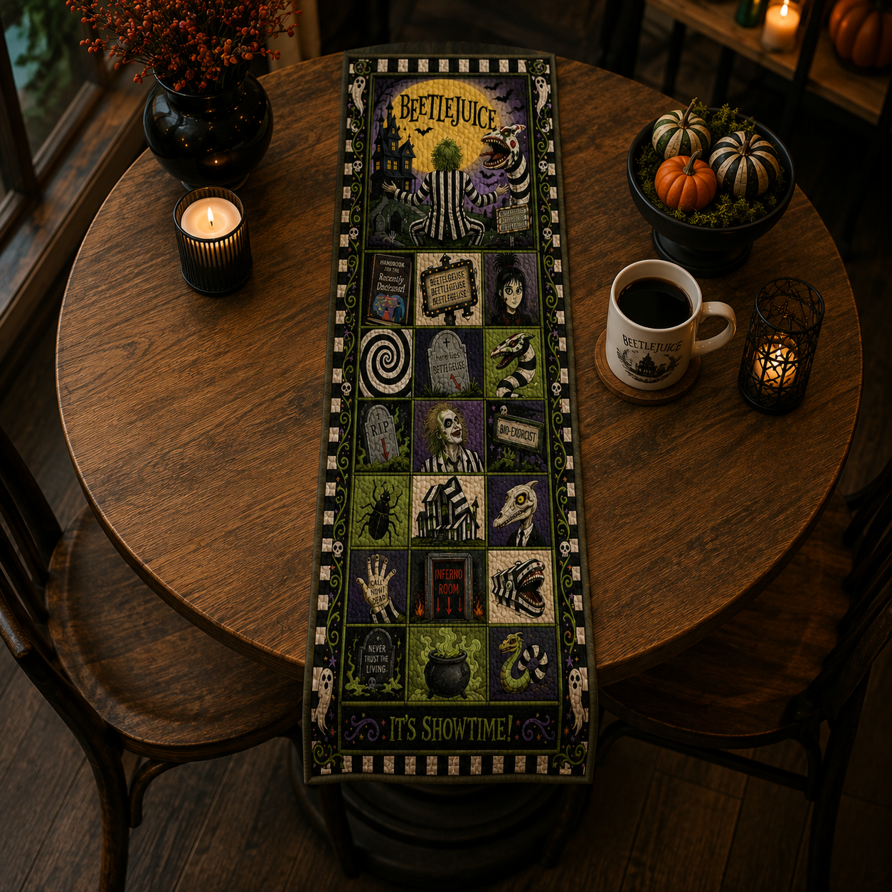 Beetlejuice Halloween Table Runner, Spooky Quilted Table Runner, Gothic Halloween Table Decor, Sandworm & Bio-Exorcist Dining Table Runner, Fall Home Decoration
