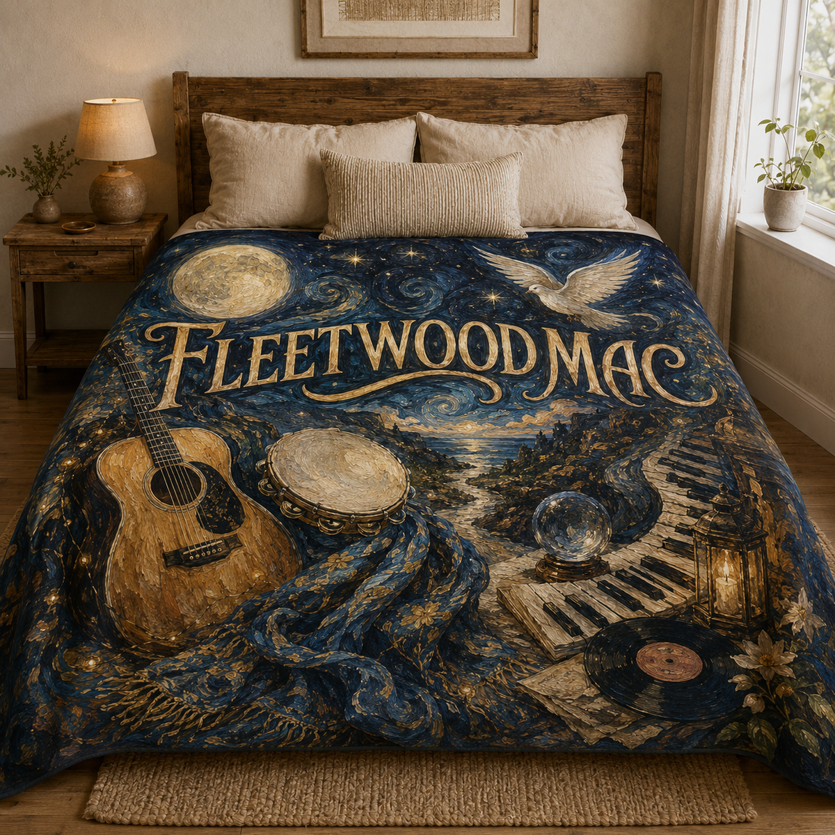 Fleetwood Mac Blanket, Vintage Rock Music Throw, Boho Celestial Guitar Piano Fleece Blanket, Fleetwood Mac Fan Gift