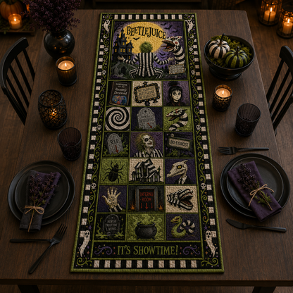 Beetlejuice Halloween Table Runner, Spooky Quilted Table Runner, Gothic Halloween Table Decor, Sandworm & Bio-Exorcist Dining Table Runner, Fall Home Decoration