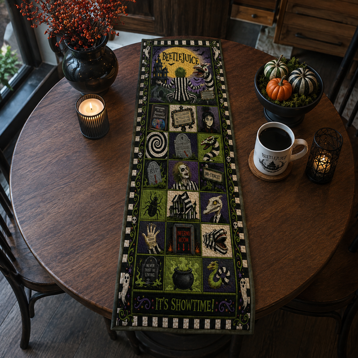 Beetlejuice Halloween Table Runner, Spooky Quilted Table Runner, Gothic Halloween Table Decor, Sandworm & Bio-Exorcist Dining Table Runner, Fall Home Decoration