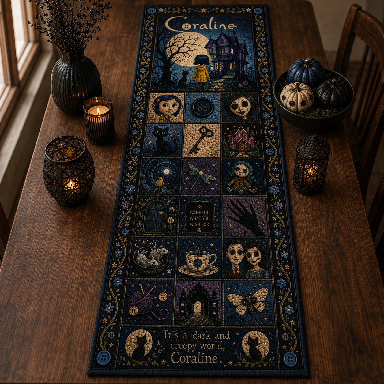 Coraline Halloween Table Runner, Quilted Coraline Table Runner, Spooky Gothic Table Decor, Other Mother Halloween Decoration, Fall Dining Table Runner
