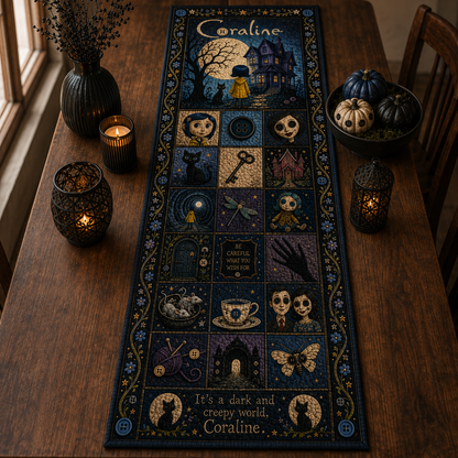 Coraline Halloween Table Runner, Quilted Coraline Table Runner, Spooky Gothic Table Decor, Other Mother Halloween Decoration, Fall Dining Table Runner