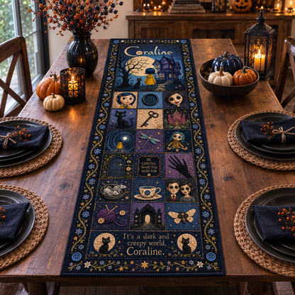 Coraline Halloween Table Runner, Quilted Coraline Table Runner, Spooky Gothic Table Decor, Other Mother Halloween Decoration, Fall Dining Table Runner