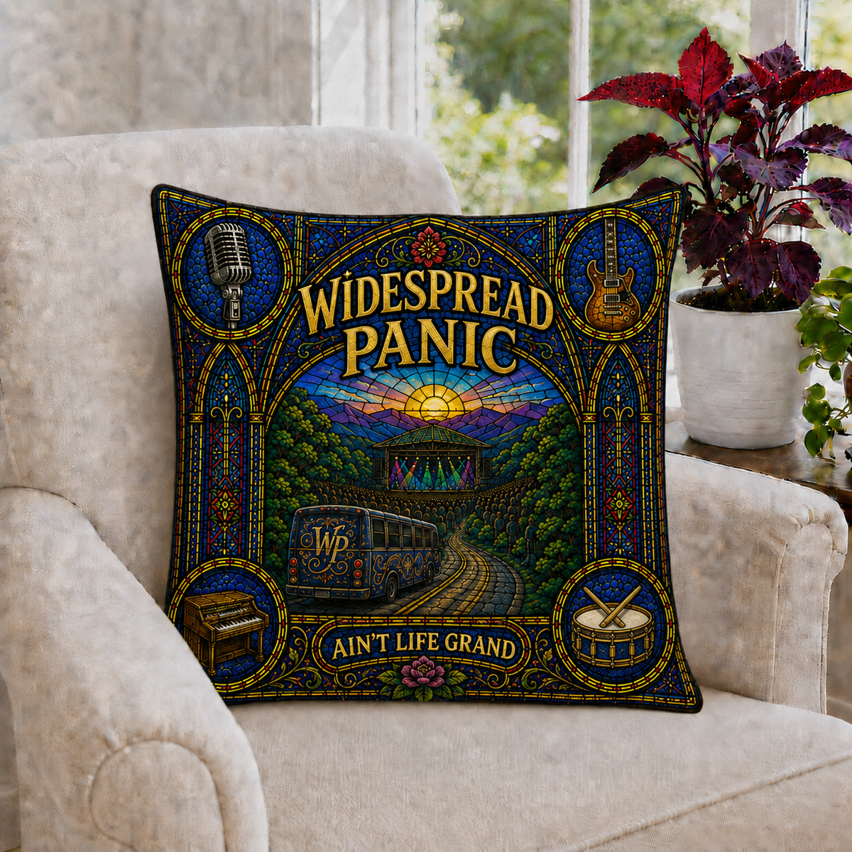 Widespread Panic Stained Glass Pillow, Ain’t Life Grand Throw Pillow, Jam Band Music Decor, WSP Fan Gift