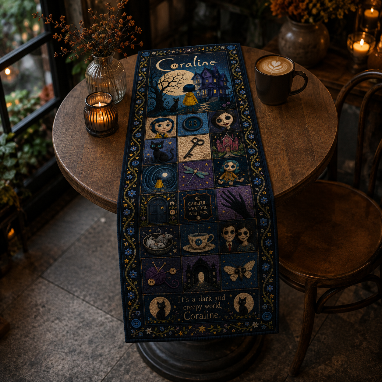 Coraline Halloween Table Runner, Quilted Coraline Table Runner, Spooky Gothic Table Decor, Other Mother Halloween Decoration, Fall Dining Table Runner