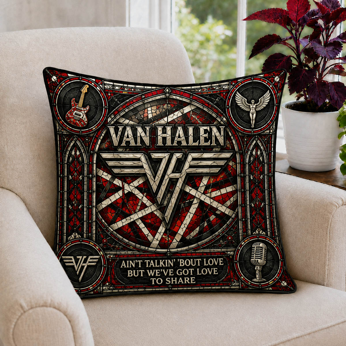 Van Halen Stained Glass Pillow, Classic Rock Band Throw Pillow, VH Logo Music Pillow, Rock Fan Gift