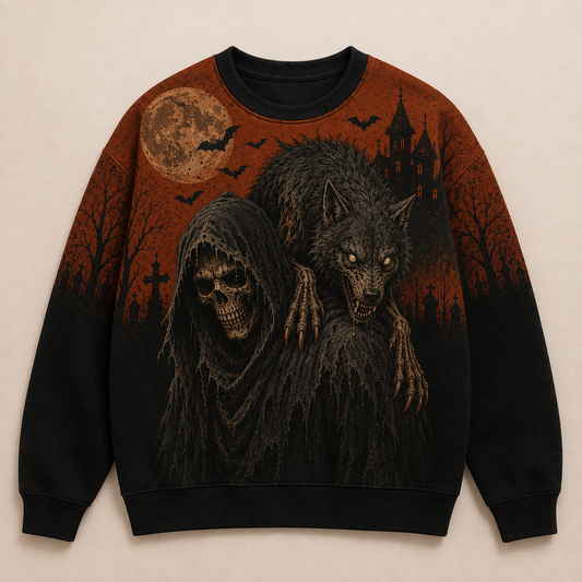 Creepy Werewolf Skeleton Sweatshirt – Gothic Halloween Haunted House Sweater