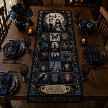Corpse Bride Halloween Table Runner, Gothic Quilted Table Runner, Tim Burton Inspired Table Decor, Victorian Halloween Dining Table Runner, Spooky Home Decoration