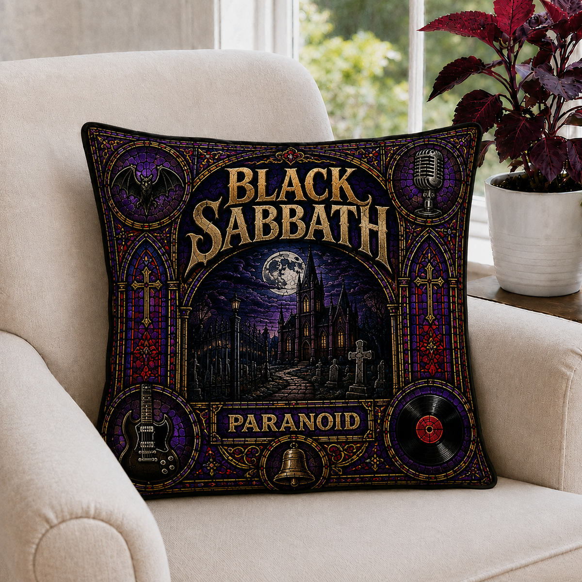 Black Sabbath Paranoid Stained Glass Pillow, Gothic Heavy Metal Throw Pillow, Classic Rock Music Decor, Metal Fan Gift