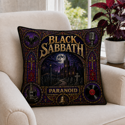 Black Sabbath Paranoid Stained Glass Pillow, Gothic Heavy Metal Throw Pillow, Classic Rock Music Decor, Metal Fan Gift
