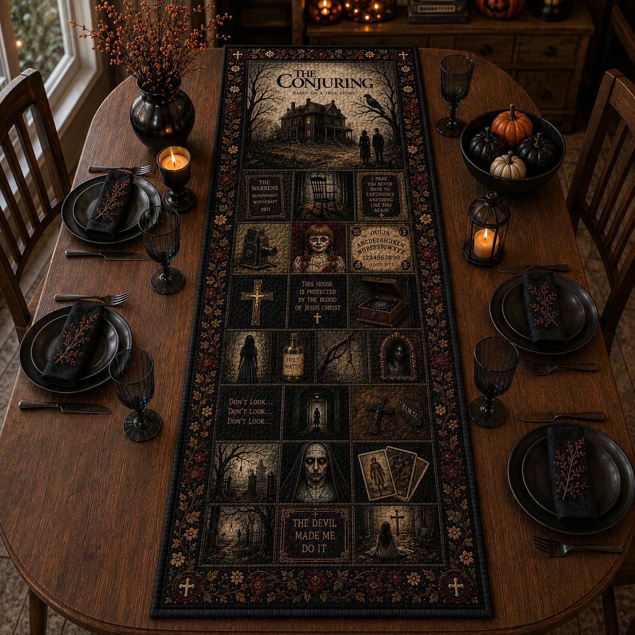 The Conjuring Halloween Table Runner, Haunted House Quilted Table Runner, Warren Occult Horror Table Decor, Gothic Fall Dining Table Runner