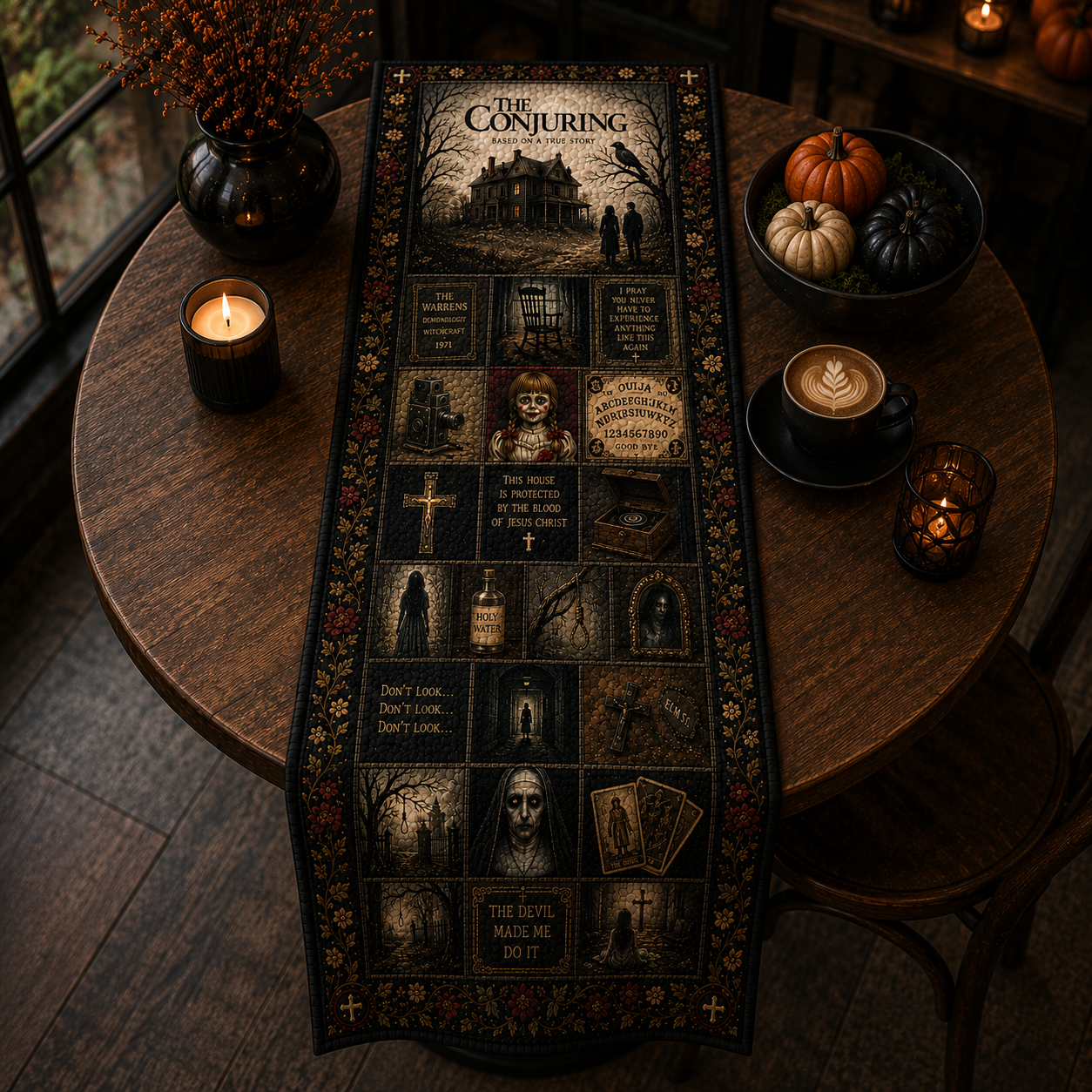 The Conjuring Halloween Table Runner, Haunted House Quilted Table Runner, Warren Occult Horror Table Decor, Gothic Fall Dining Table Runner
