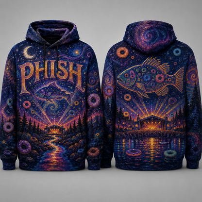 Phish Cosmic Fish All Over Print Hoodie, Psychedelic Jam Band Hoodie, Space Galaxy Concert Pullover, Phish Fan Gift