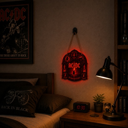 AC/DC Band Luminous Wooden Sign – Gothic LED Wall & Door Decor for Music Fans