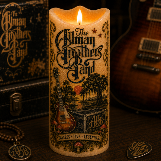 The Allman Brothers Band Flameless LED Candle, Southern Rock Music Lover Gift, Vintage Guitar Candle Decor, ABB Fan Memorial Candle, Rustic Home Accent