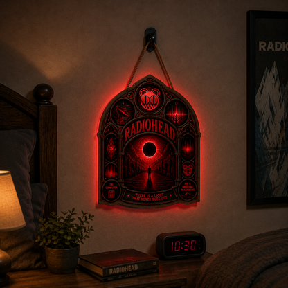 Radiohead Band Luminous Wooden Sign – Gothic LED Wall & Door Decor for Music Fans