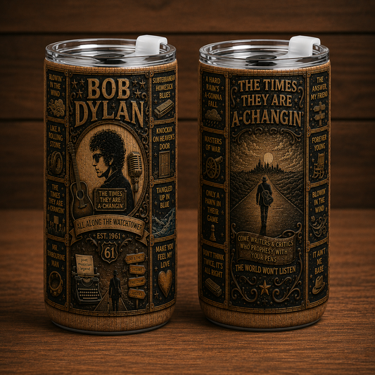 Bob Dylan 20oz Stainless Steel Tumbler, Bob Dylan Travel Mug, Folk Rock Coffee Tumbler, Double Wall Insulated Cup, Gift for Bob Dylan Fans