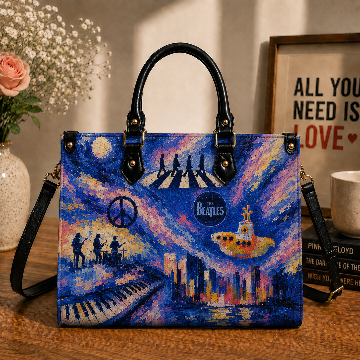 The Beatles Leather Handbag, Tote Bag and Wallet Set, Abbey Road Yellow Submarine Tote Purse, Vintage Music Lover Gift for Women