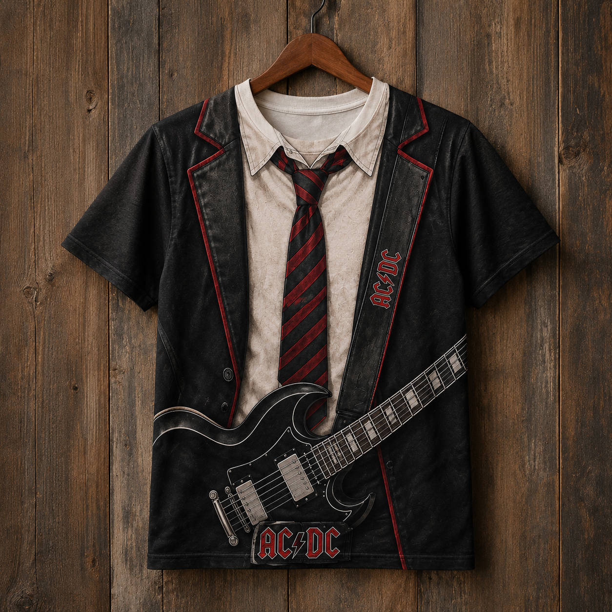 AC/DC Angus Young 3D All Over Print T-Shirt – Rock Guitar Costume Graphic Tee, Highway to Hell Inspired Band Shirt, Classic Rock Fan Gift
