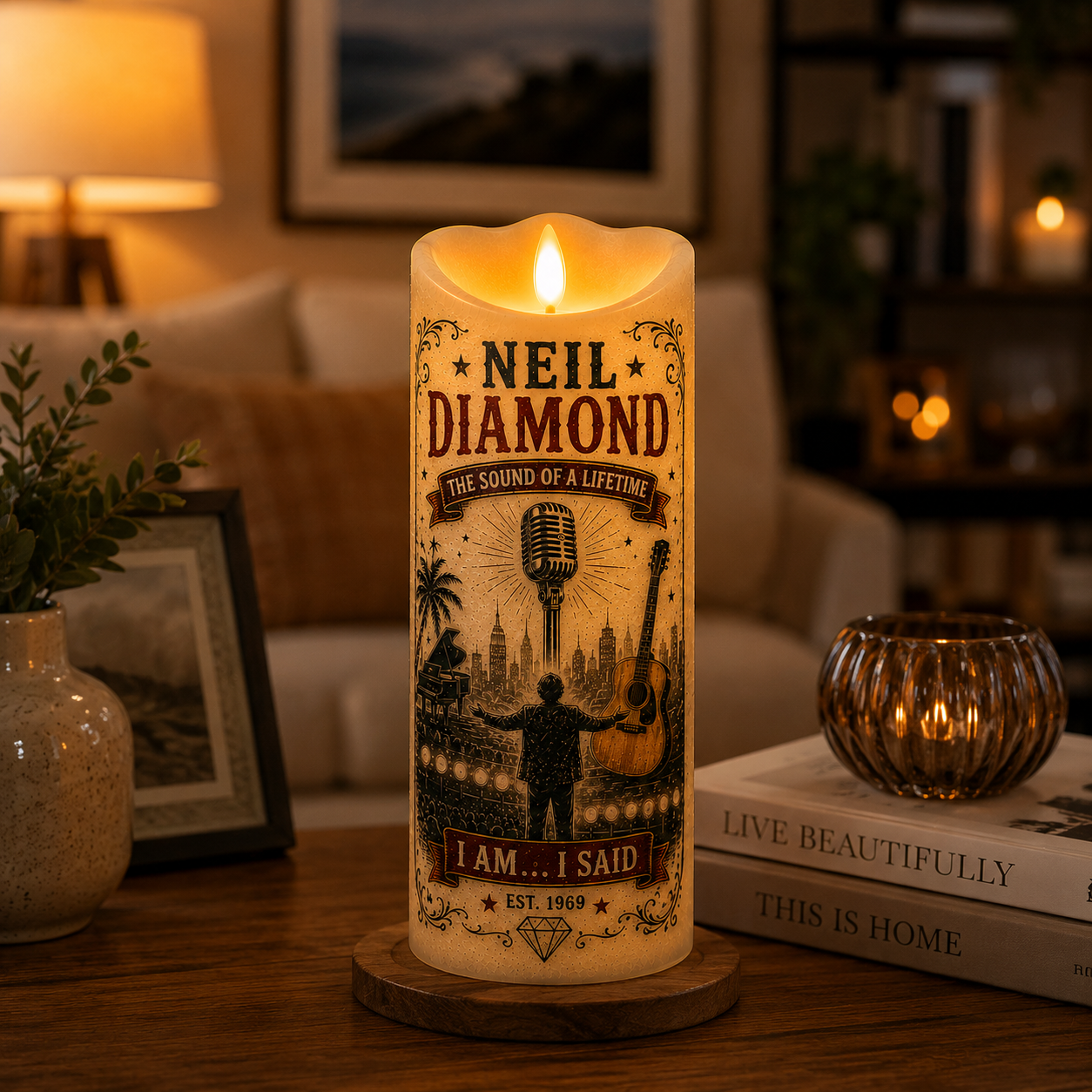 Neil Diamond LED Flameless Candle – Music Lover Decorative Candle with Warm Flickering Light