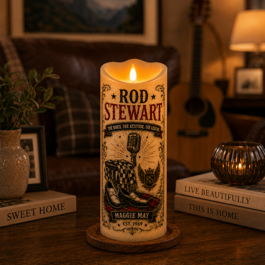 Rod Stewart LED Flameless Candle – Vintage Music Lover Decorative Candle with Warm Flickering Light