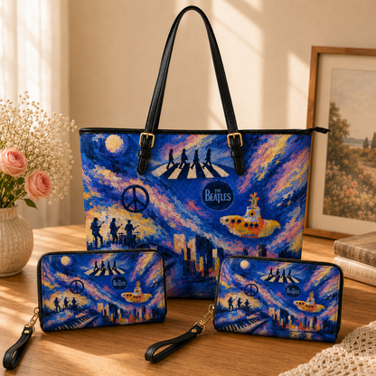 The Beatles Leather Handbag, Tote Bag and Wallet Set, Abbey Road Yellow Submarine Tote Purse, Vintage Music Lover Gift for Women