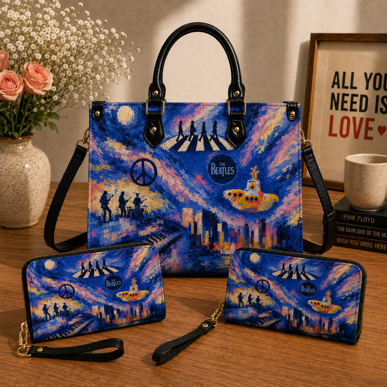 The Beatles Leather Handbag, Tote Bag and Wallet Set, Abbey Road Yellow Submarine Tote Purse, Vintage Music Lover Gift for Women