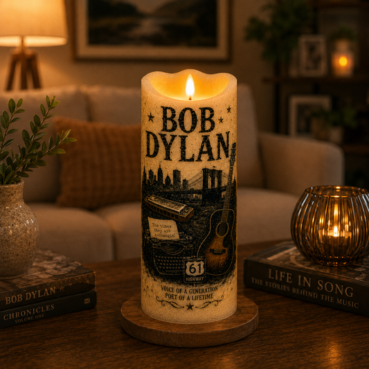 Bob Dylan LED Flameless Candle – Folk Music Decorative Candle with Warm Flickering Light