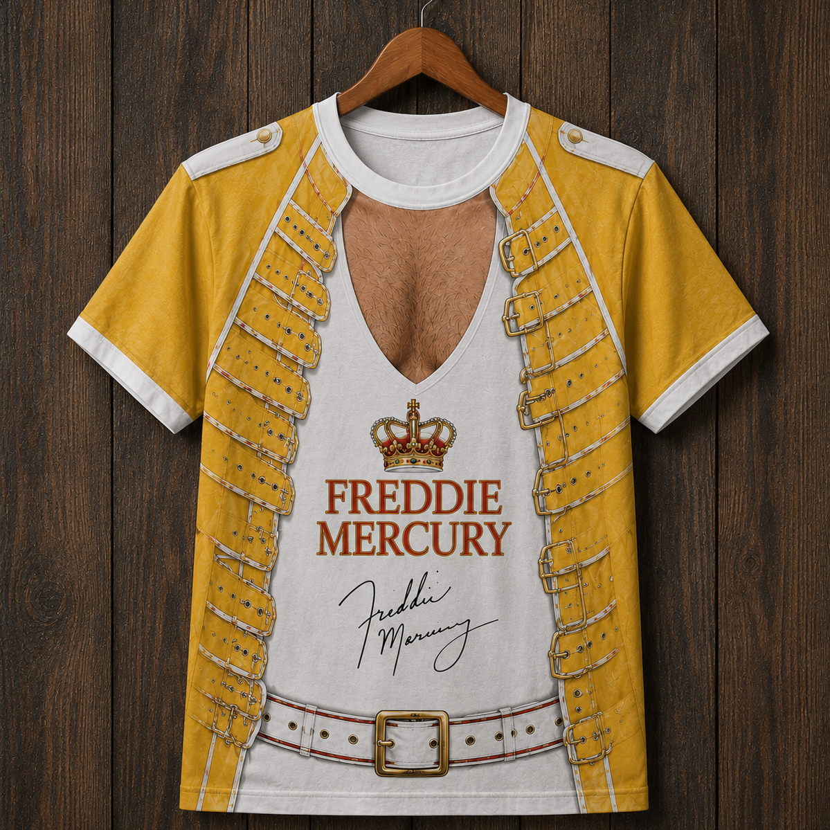 Freddie Mercury 3D All Over Print T-Shirt – Queen Wembley Yellow Jacket Costume Shirt, Rock Legend Graphic Tee, Concert & Halloween Gift