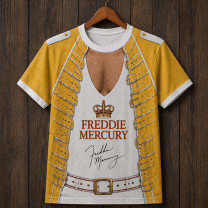 Freddie Mercury 3D All Over Print T-Shirt – Queen Wembley Yellow Jacket Costume Shirt, Rock Legend Graphic Tee, Concert & Halloween Gift