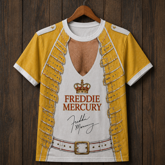 Freddie Mercury 3D All Over Print T-Shirt – Queen Wembley Yellow Jacket Costume Shirt, Rock Legend Graphic Tee, Concert & Halloween Gift