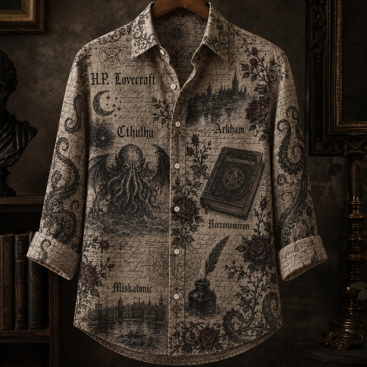 H.P. Lovecraft Button Up Shirt, Cthulhu Gothic Shirt, Necronomicon Horror Shirt, Dark Academia Literary Shirt, Cosmic Horror Gift