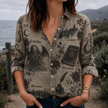 H.P. Lovecraft Button Up Shirt, Cthulhu Gothic Shirt, Necronomicon Horror Shirt, Dark Academia Literary Shirt, Cosmic Horror Gift