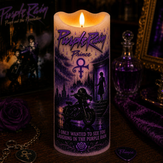 Prince Purple Rain LED Flameless Candle – Music Lover Decorative Candle with Warm Flickering Light