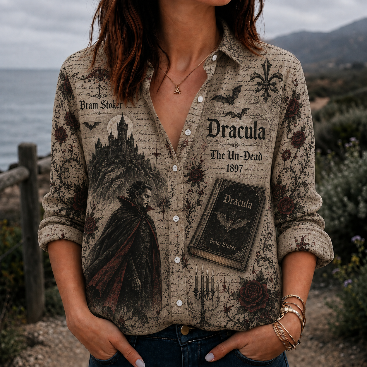 Bram Stoker Dracula Button Up Shirt, Gothic Vampire Literary Shirt, Dracula 1897 Vintage Shirt, Horror Novel Button Down, Gothic Book Lover Gift
