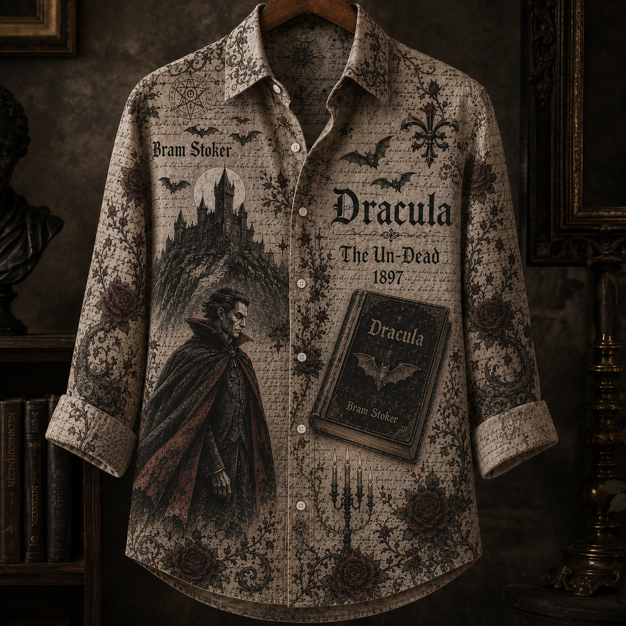 Bram Stoker Dracula Button Up Shirt, Gothic Vampire Literary Shirt, Dracula 1897 Vintage Shirt, Horror Novel Button Down, Gothic Book Lover Gift