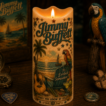 Jimmy Buffett Flameless LED Candle, Margaritaville Fan Gift, Tropical Music LED Candle, Beach House Decor, Battery Operated Candle