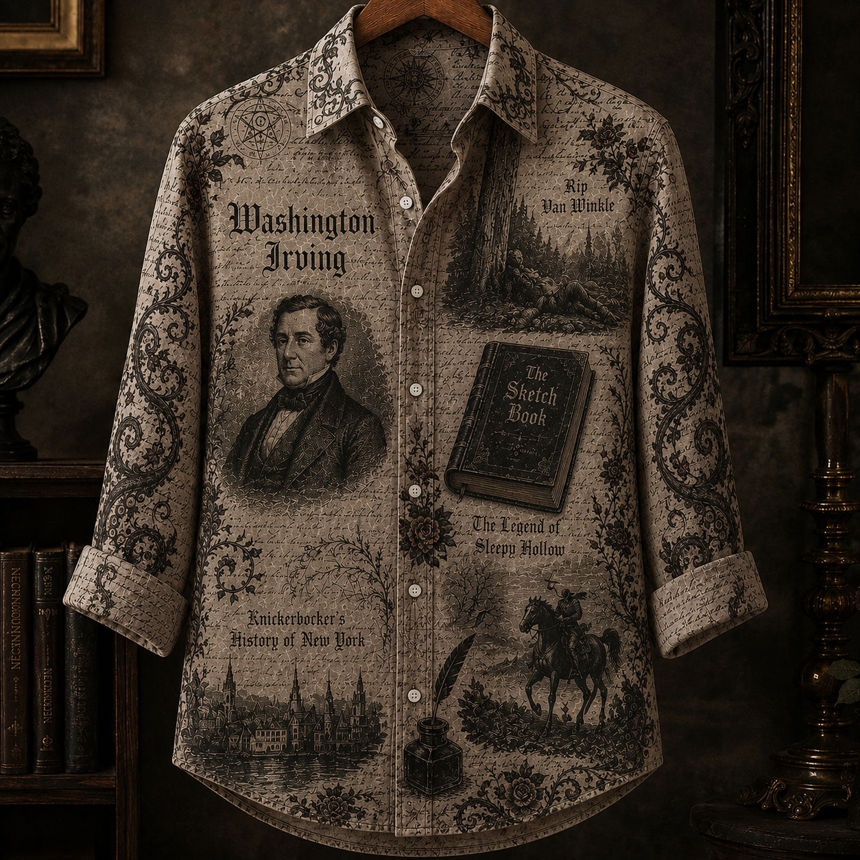 Washington Irving Button Up Shirt, Sleepy Hollow Literary Shirt, Rip Van Winkle Vintage Shirt, Dark Academia Button Down, Classic Literature Gift