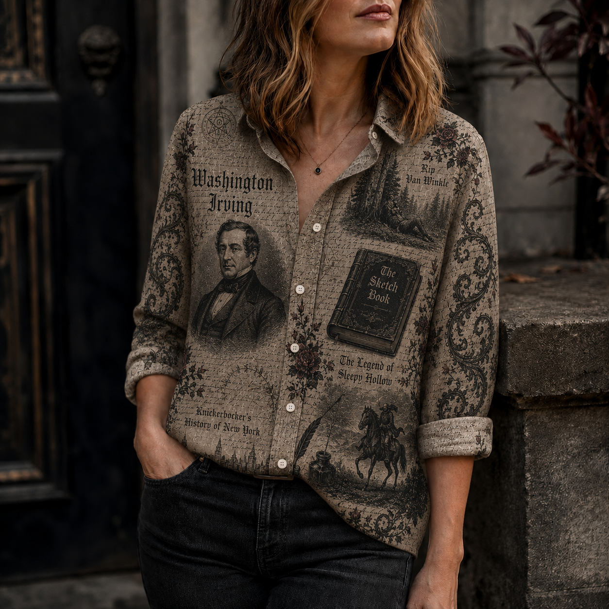 Washington Irving Button Up Shirt, Sleepy Hollow Literary Shirt, Rip Van Winkle Vintage Shirt, Dark Academia Button Down, Classic Literature Gift