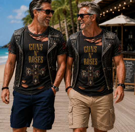 Guns N' Roses 3D All Over Print T-Shirt – Distressed Rock Band Costume Tee, Slash Inspired Leather Vest Graphic Shirt, Classic Rock Fan Gift