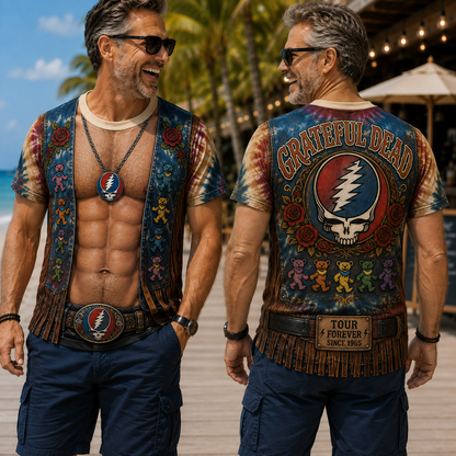 Grateful Dead 3D Fake Muscle Costume Shirt, Dancing Bears Steal Your Face Rock Vest Tee, Deadhead Fan Gift