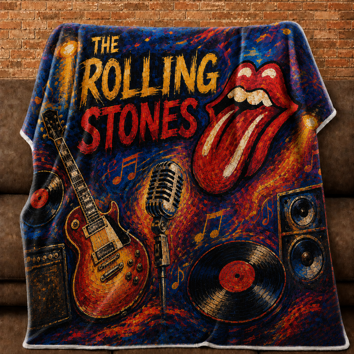 The Rolling Stones Painterly Sherpa Blanket, Rock Music Fleece Throw, Tongue Logo Guitar Blanket, Classic Rock Fan Gift