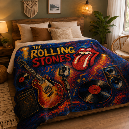 The Rolling Stones Painterly Sherpa Blanket, Rock Music Fleece Throw, Tongue Logo Guitar Blanket, Classic Rock Fan Gift